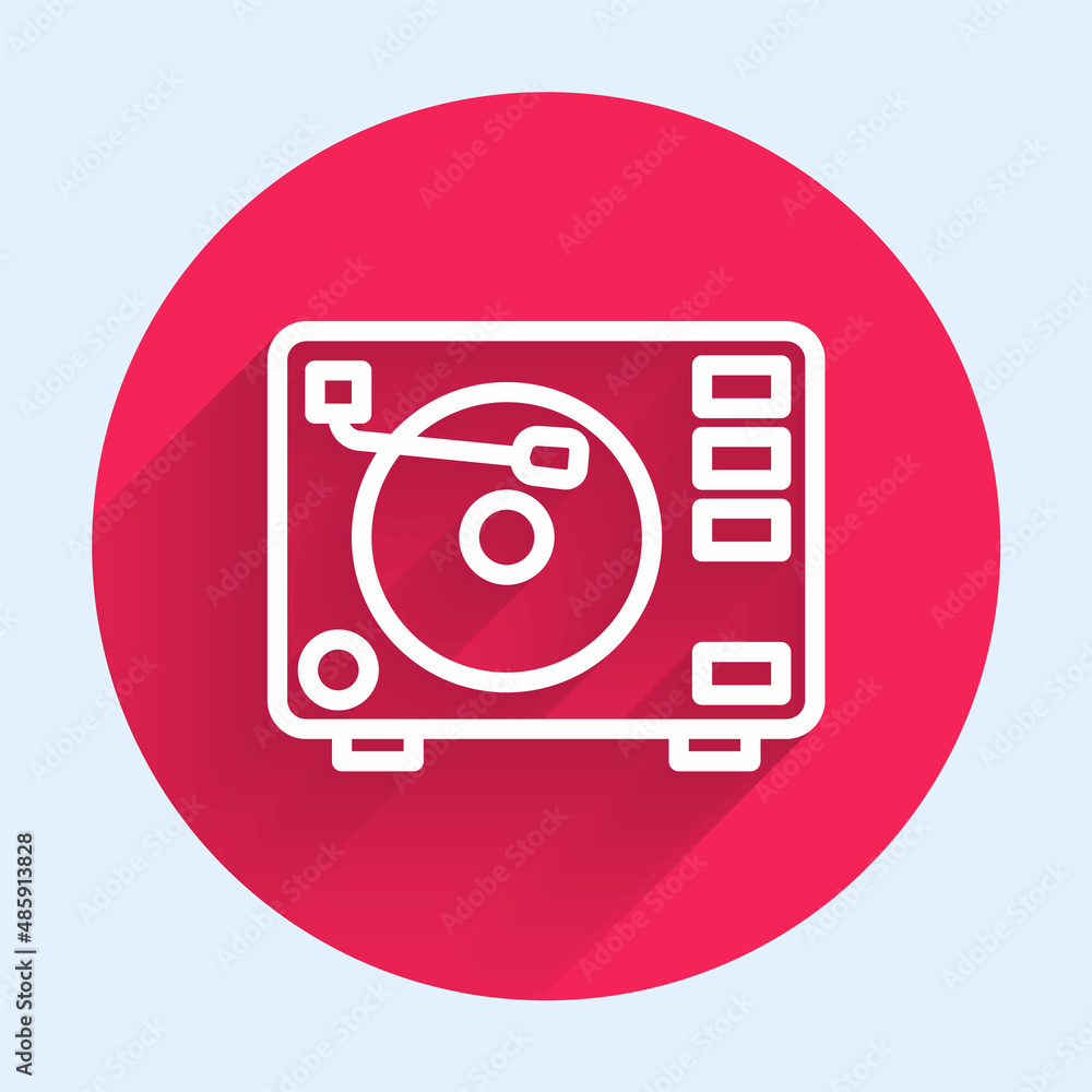 White line Vinyl player with a vinyl disk icon isolated with long shadow background. Red circle butt