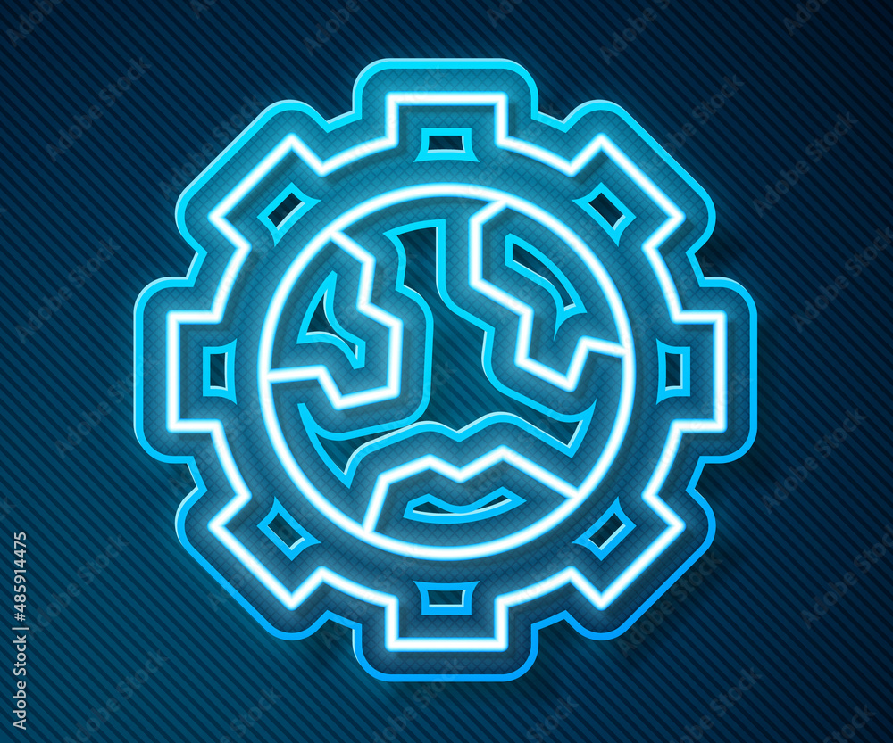 Glowing neon line Globe of the Earth and gear or cog icon isolated on blue background. Setting param