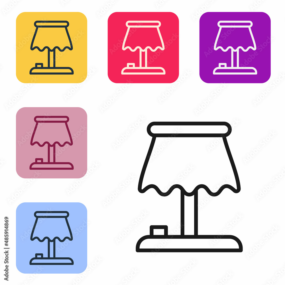 Black line Table lamp icon isolated on white background. Set icons in color square buttons. Vector