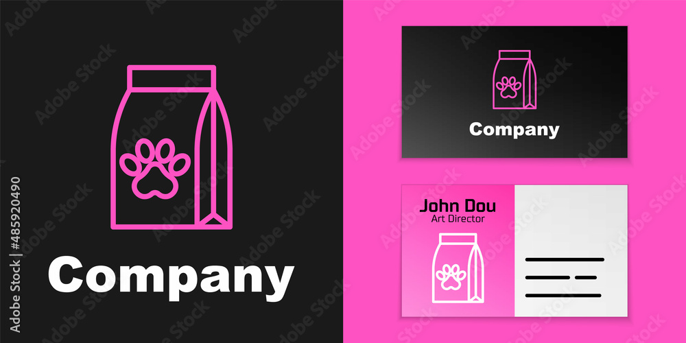 Pink line Bag of food for pet icon isolated on black background. Food for animals. Dog bone sign. Pe