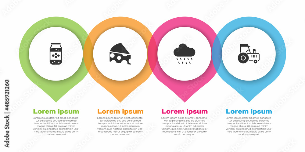 Set Jar of honey, Cheese, Cloud with rain and Tractor. Business infographic template. Vector