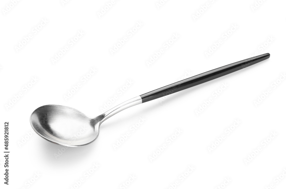 Stainless steel spoon with black handle on white background