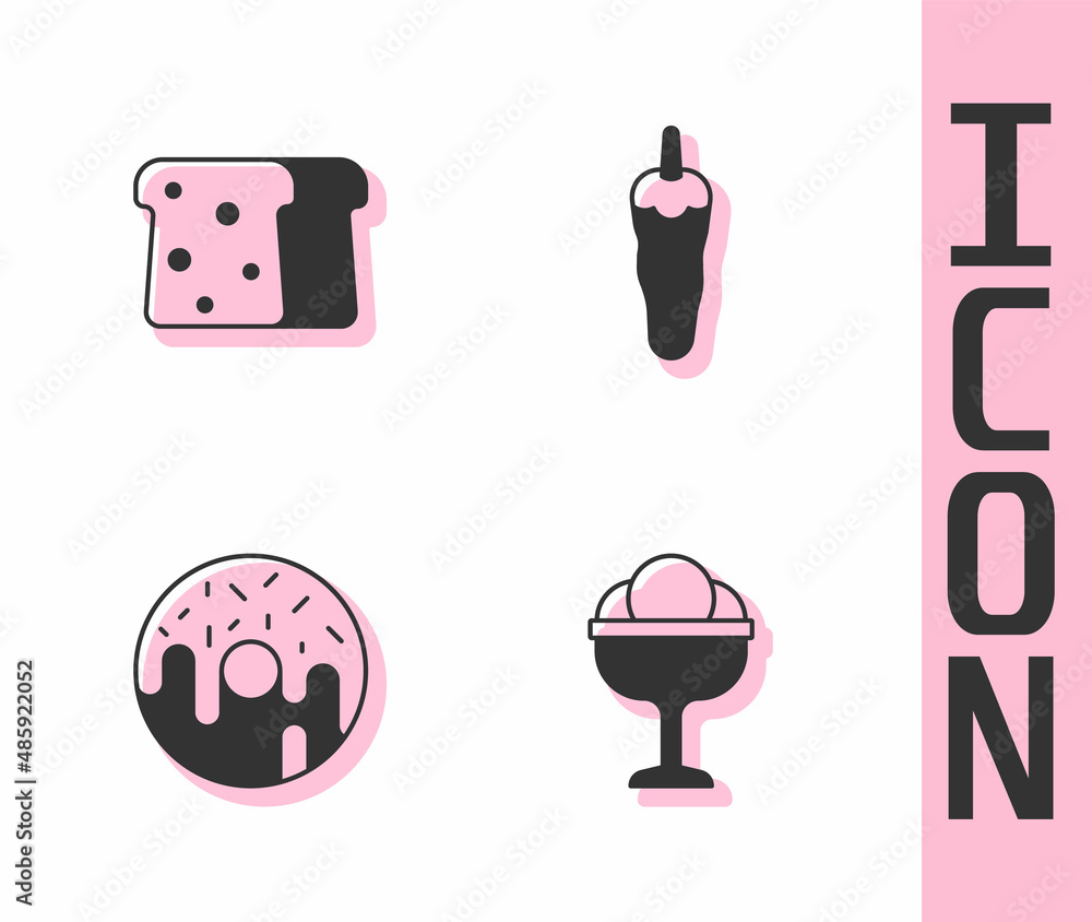 Set Ice cream in the bowl, Bread toast, Donut and Hot chili pepper icon. Vector