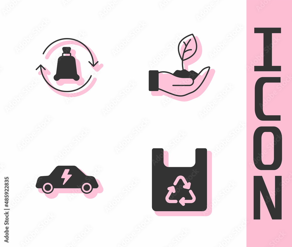 Set Shopping bag with recycle, Garbage, Electric car and Plant hand icon. Vector