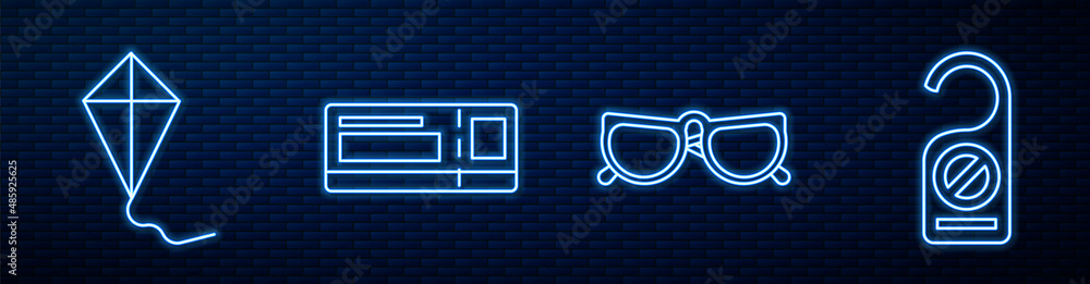 Set line Glasses, Kite, Travel ticket, Please do not disturb and Towel stack. Glowing neon icon on b