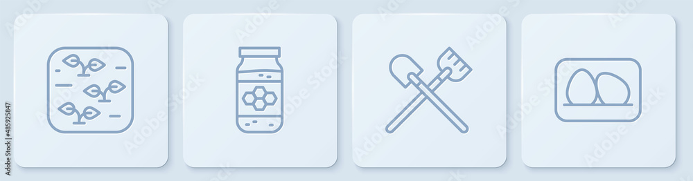 设置线植物、铲子、蜂蜜和鸡蛋罐。白色方形按钮。矢量