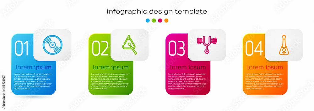 设置线乙烯基磁盘，三角形，音乐音叉和吉他。商业信息图模板。矢量