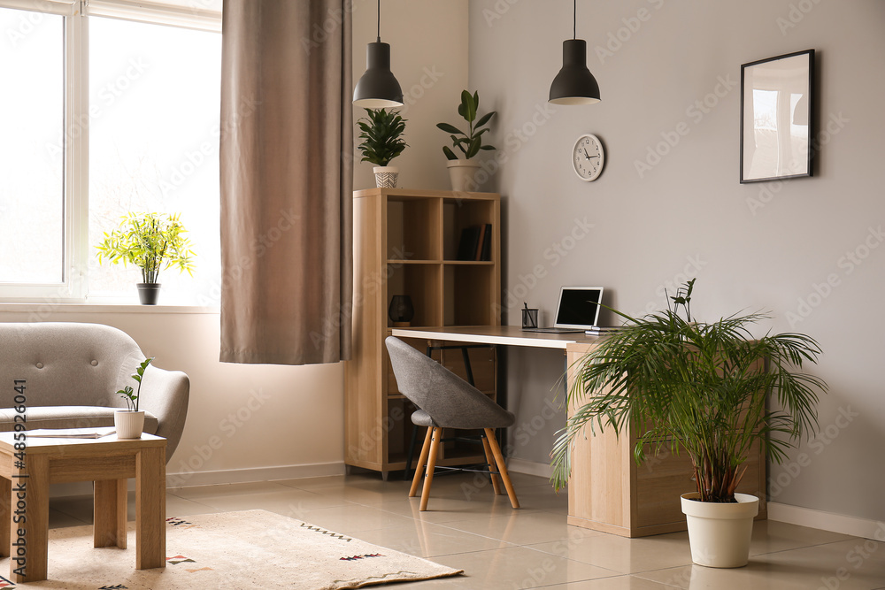 Interior of light room with modern workplace, shelving unit and window