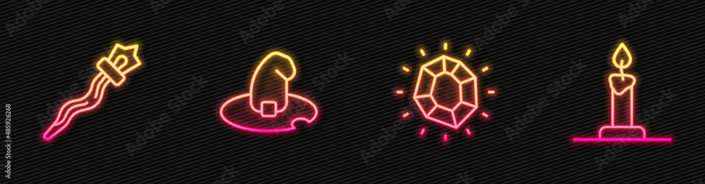 Set line Magic stone, staff, Witch hat and Burning candle in candlestick. Glowing neon icon. Vector