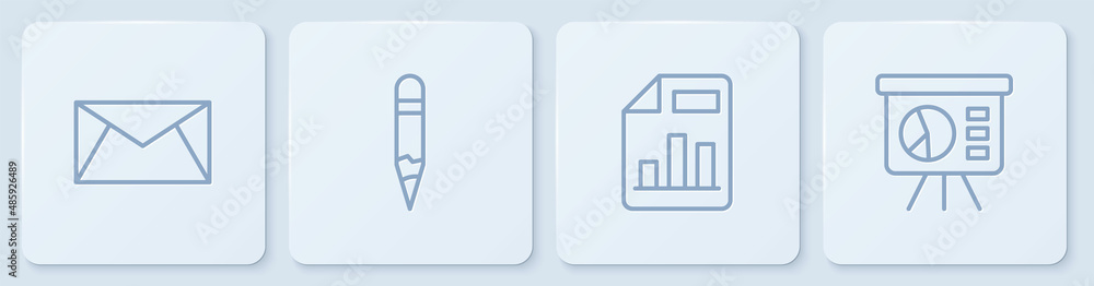 Set line Mail and e-mail, Document with graph chart, Pencil and Board. White square button. Vector