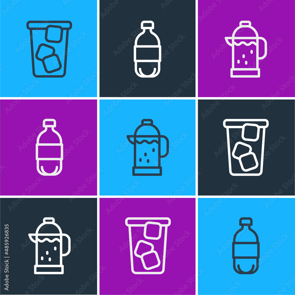 Set line Ice tea, French press and Bottle of water icon. Vector