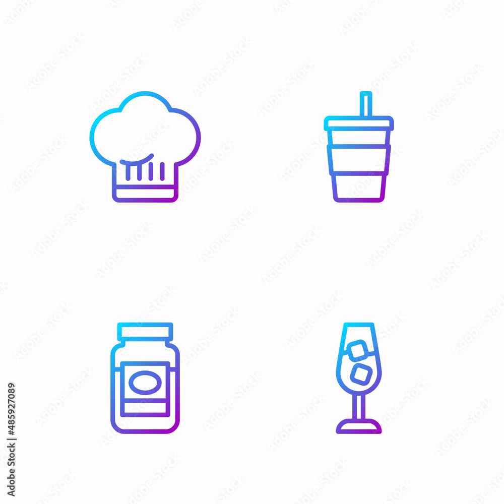 Set line Wine glass, Jam jar, Chef hat and Paper with water. Gradient color icons. Vector