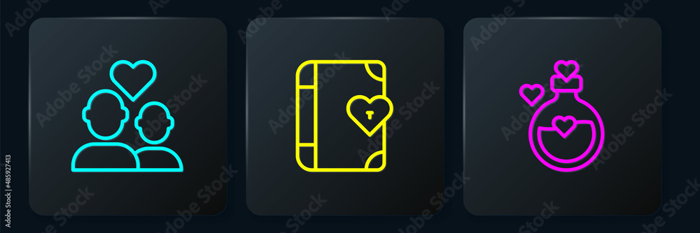 Set line Lover couple, Bottle with love potion and diary. Black square button. Vector