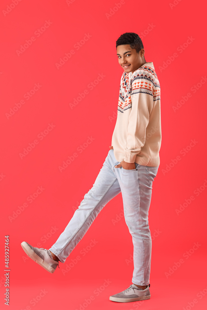 Handsome African-American guy in knitted sweater on red background