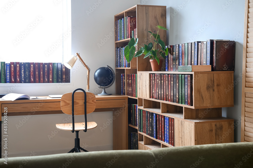 Shelf unit with books and stylish workplace in home library