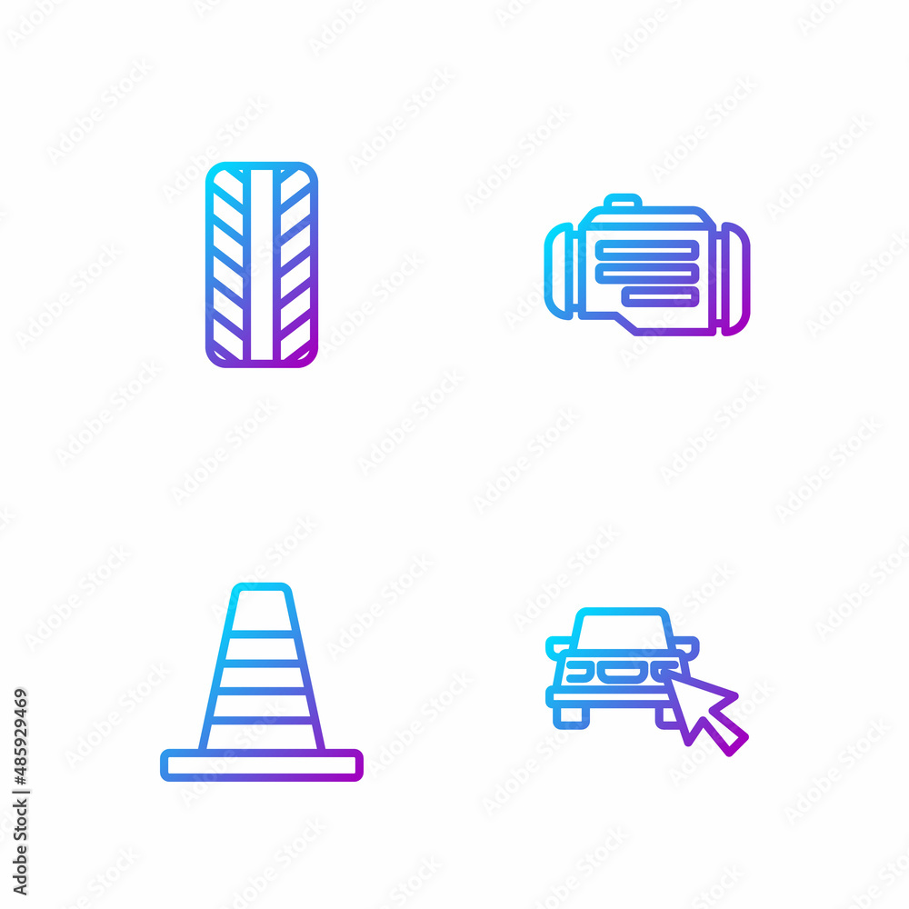 Set line Online car sharing, Traffic cone, Car tire wheel and Check engine. Gradient color icons. Ve