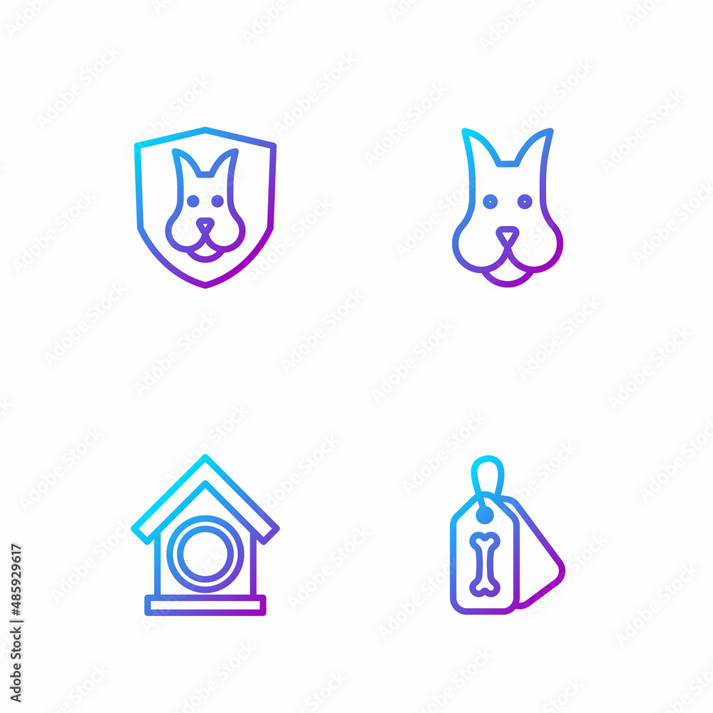 Set line Dog collar with bone, house, Animal health insurance and . Gradient color icons. Vector