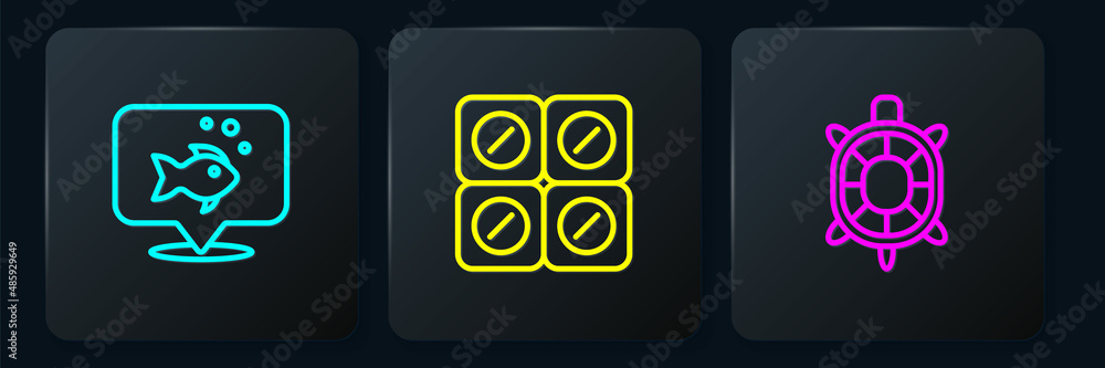 Set line Fish, Turtle and Dog pill. Black square button. Vector