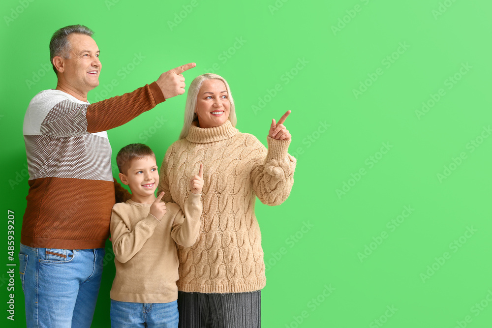 Little boy with his grandparents in warm sweaters pointing at something on green background