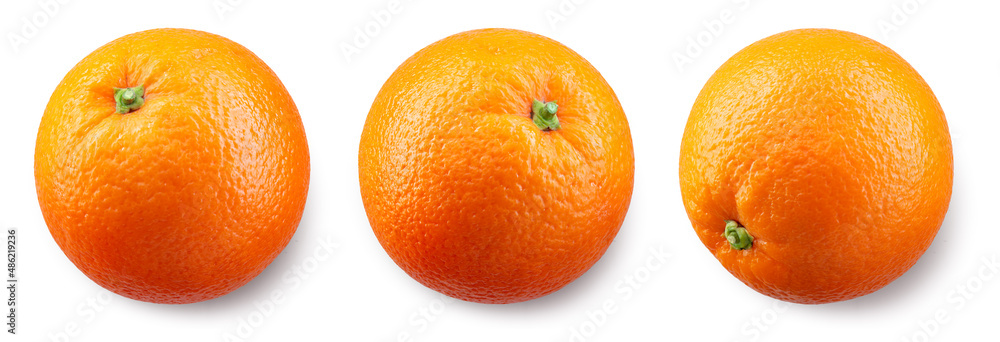 Orange fruit isolated top view. Orang whole flat lay on white background. High angle view. Full dept