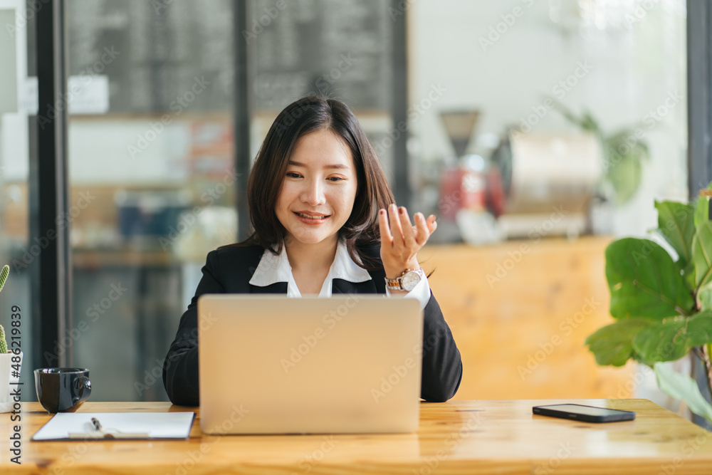 Photo of young happy positive cheerful good mood businesswoman having video call explaining new proj