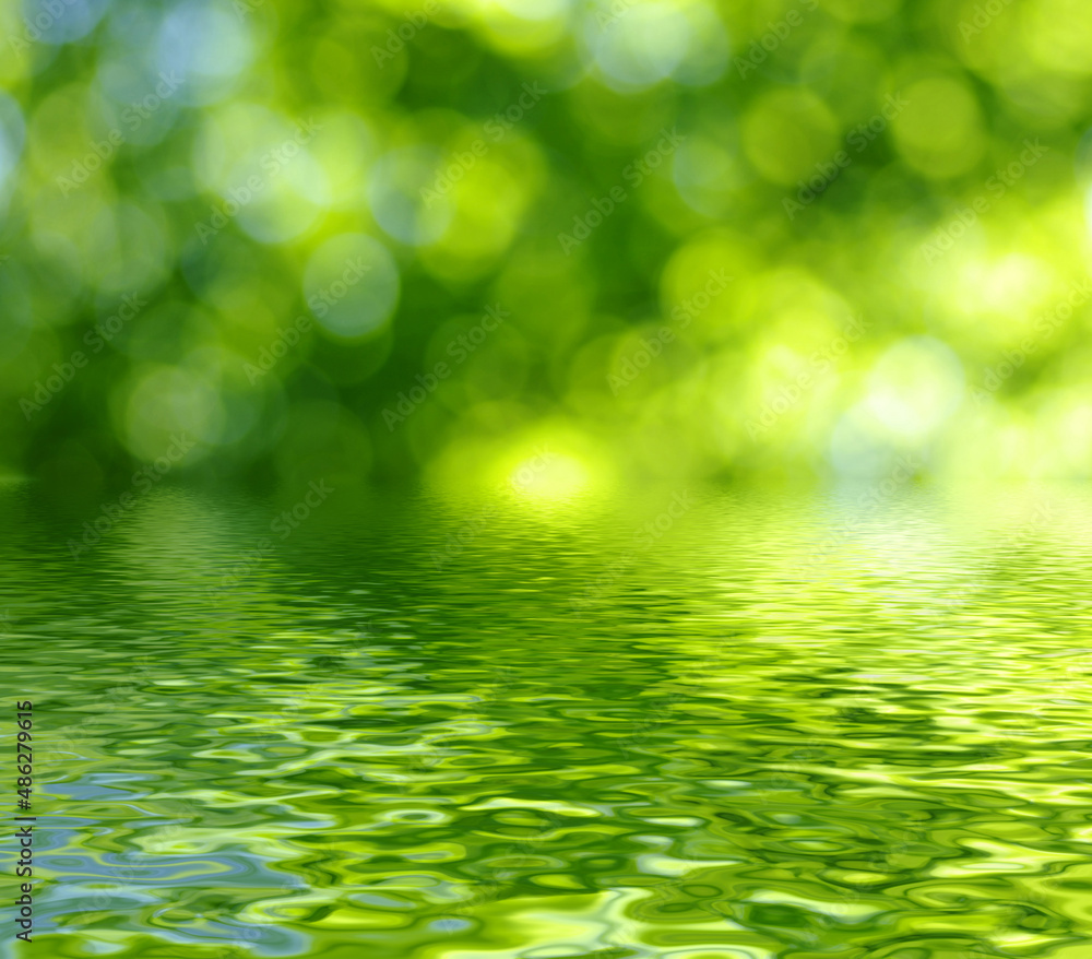 Green blur spring background with water