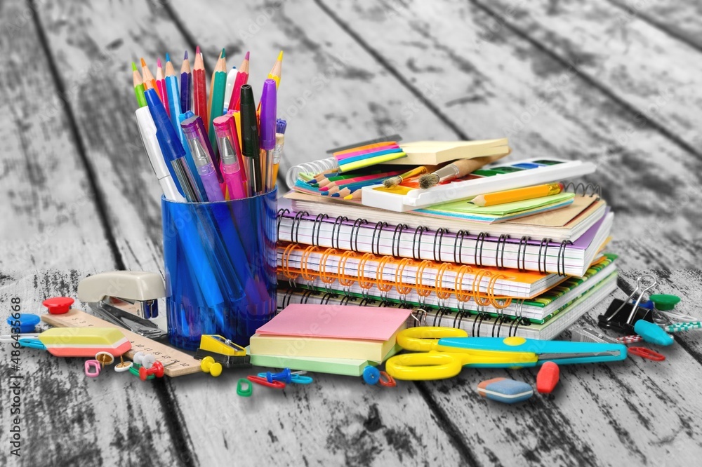 Set of colorful school stationery on the desk