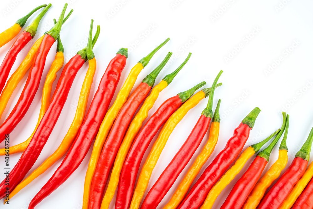 Fresh yellow and red peppers on white background