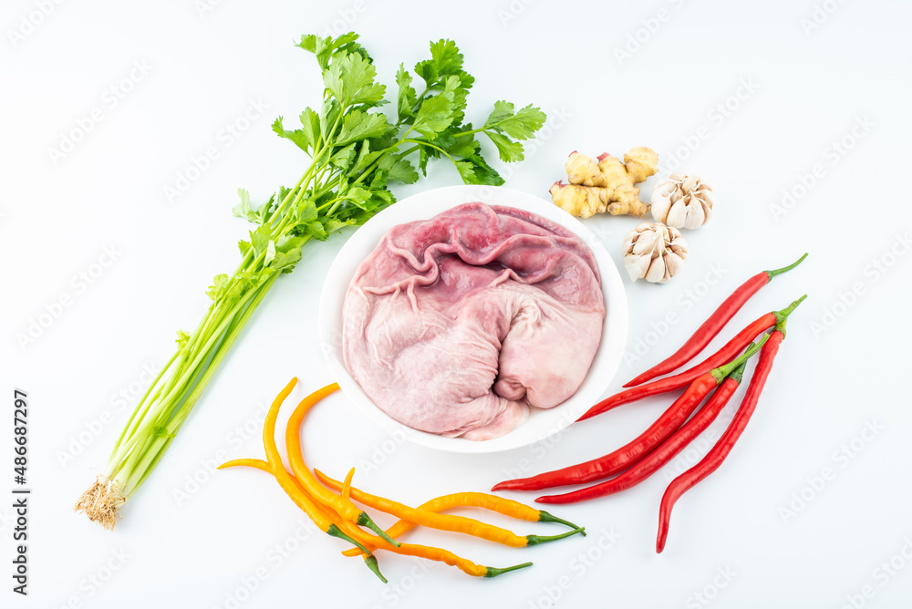 Fresh pork belly with spice ingredients on white background