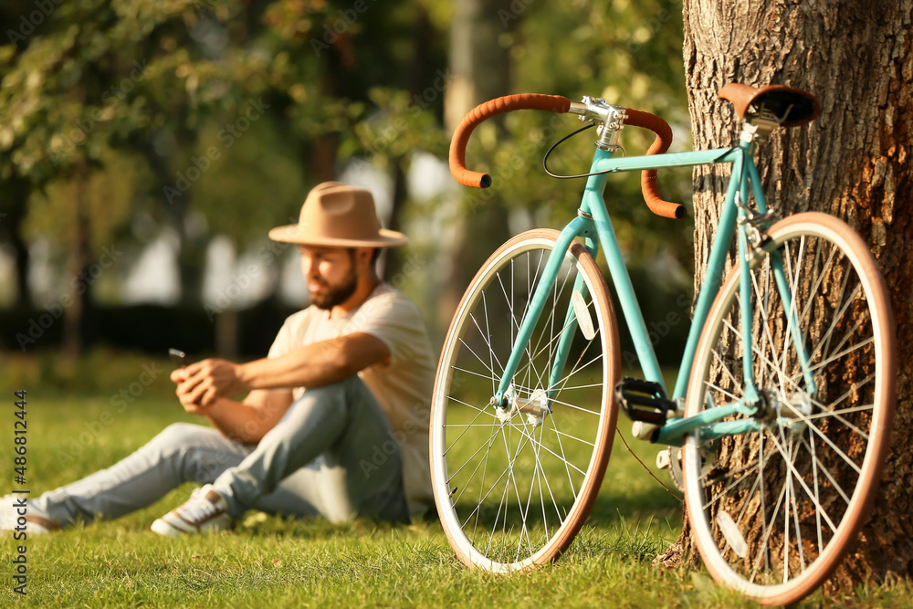 Stylish bicycle near tree in park