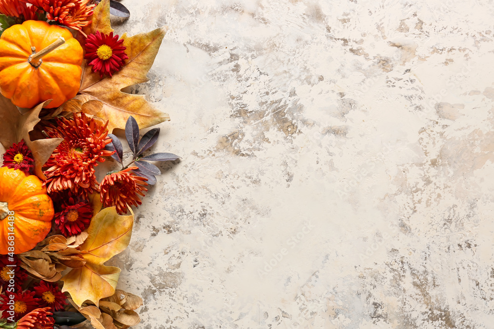 Beautiful autumn composition with chrysanthemum flowers, leaves and pumpkins on light background, cl