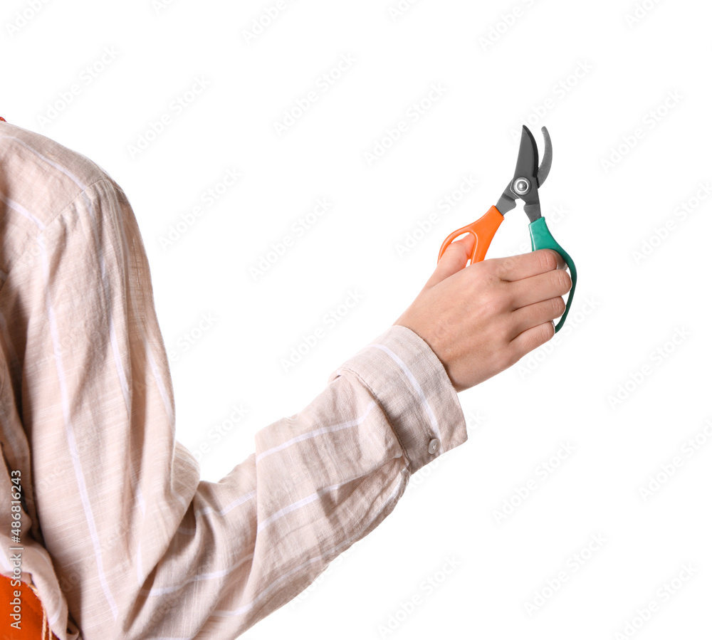 Female gardener with pruner on white background