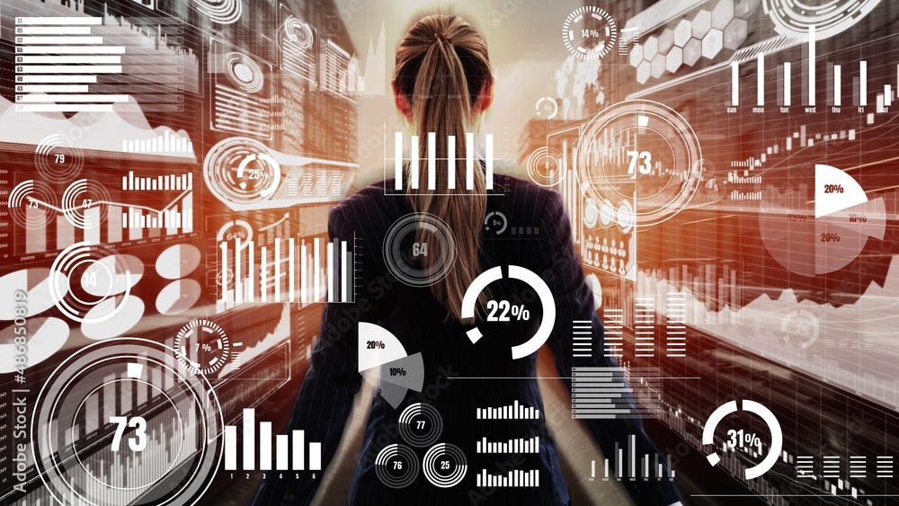 Big Data Technology for Business Finance Analytic conceptual . Modern graphic interface shows massiv