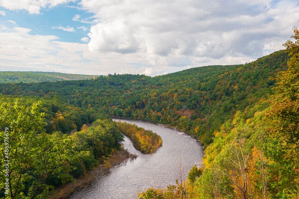 View of Delaware river from view point n autumn.Upper Delaware Scenic Byway.New York.USA