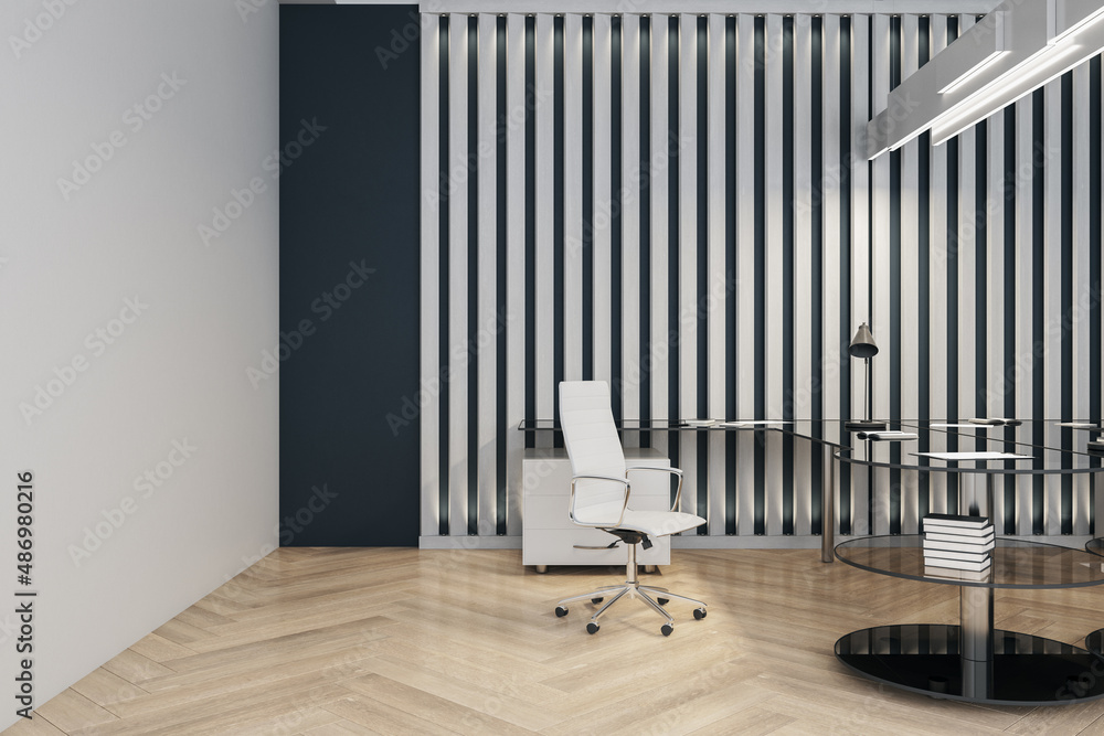 Wooden and concrete office interior with glass table, chair and blinds. Design and architecture conc