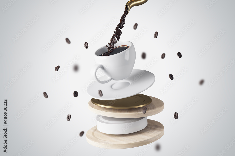 Abstract white background with coffee pouring into cup stack. Morning and addiction concept. 3D Rend