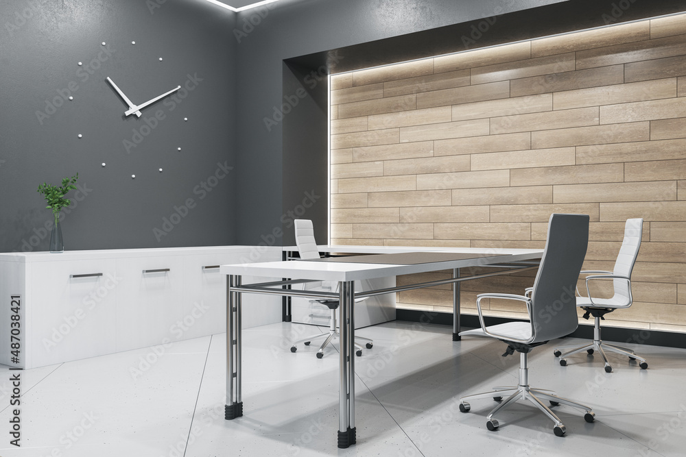 Modern wooden and concrete office interior with wall clock and furniture. Design and architecture co