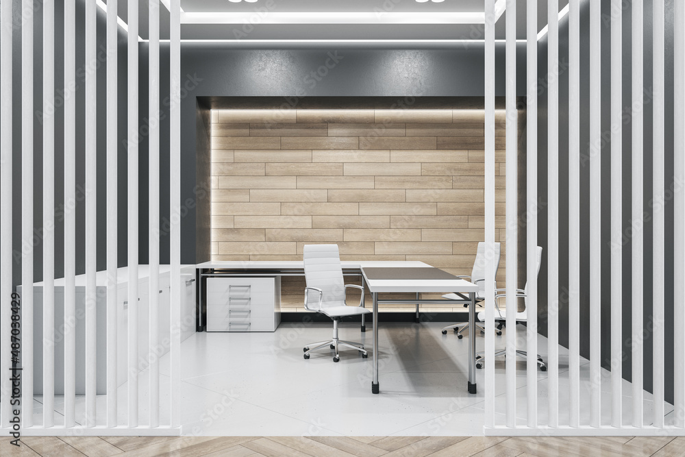 Minimalistic wooden and concrete office interior with furniture and blinds. Design and architecture 