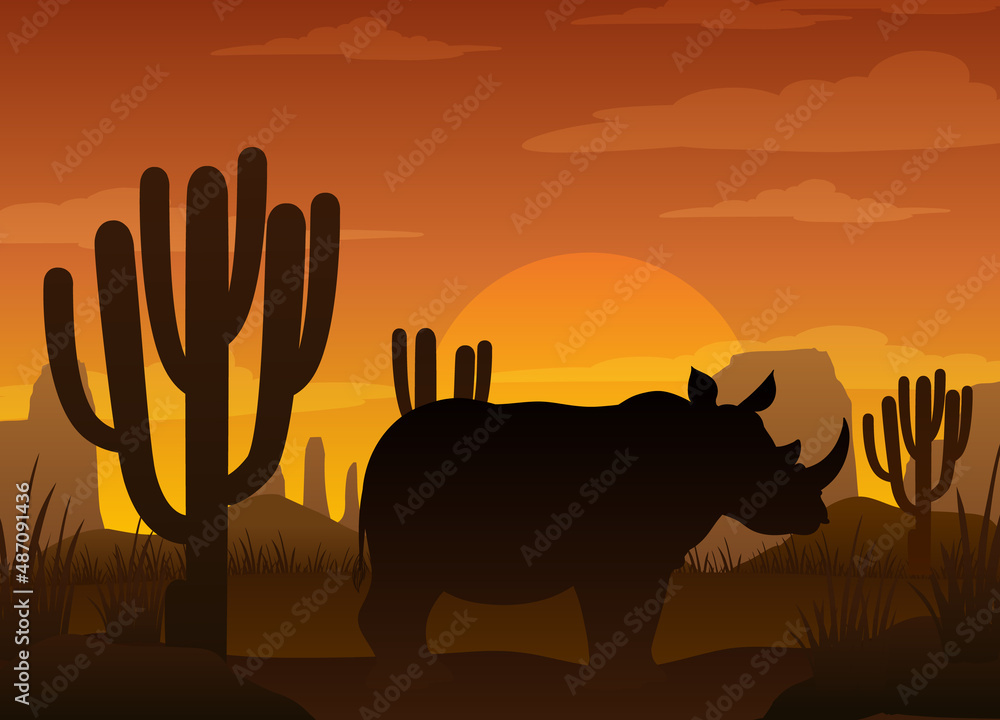 Rhinoceros silhouette at savanna forest