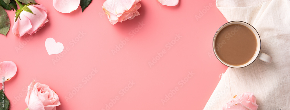 Valentines Day design concept background with pink rose flower and milk tea on pink background.