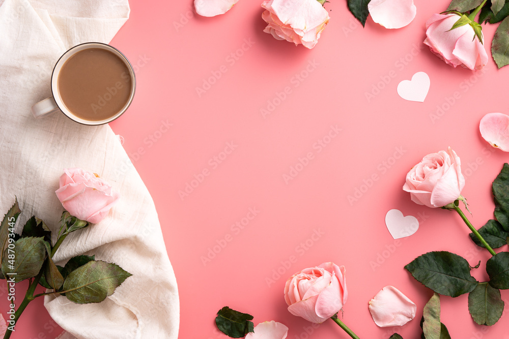 Valentines Day design concept background with pink rose flower and milk tea on pink background.