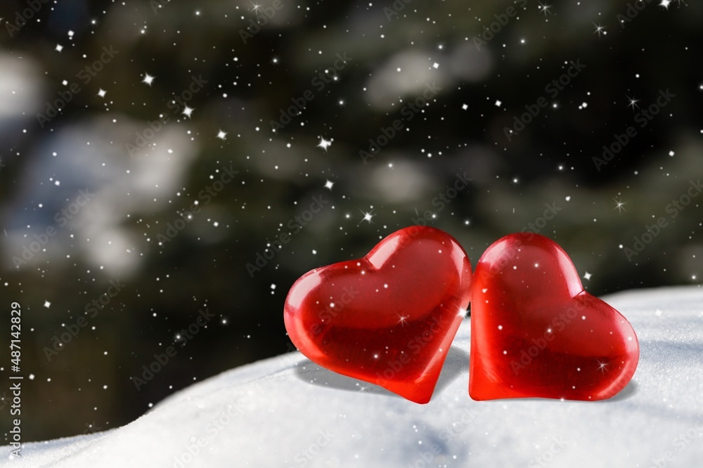 A heart on the snow, blurred forest trees background.Valentine heart in winter forest,