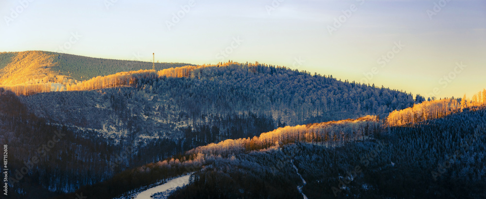 Early morning winter mountain panorama landscape