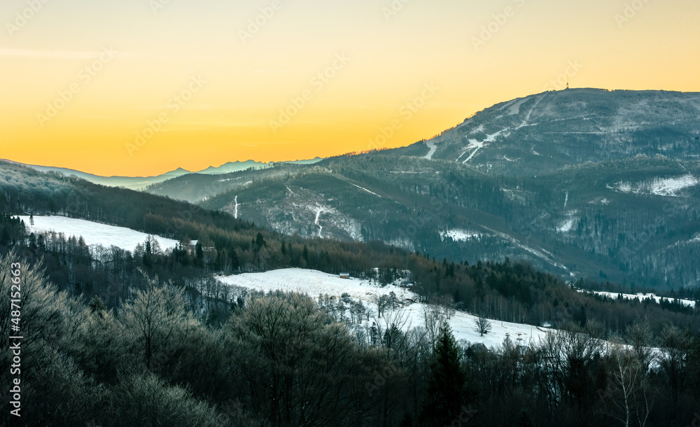 Early morning winter mountain panorama landscape