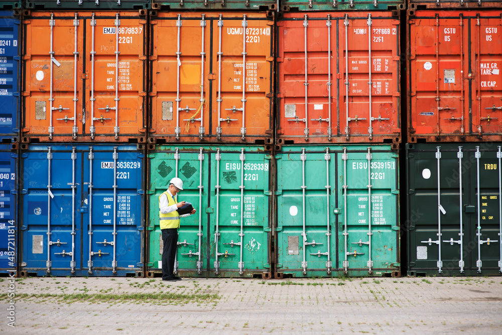 Concentration and hard work is key. A customs inspector standing and reviewing a tack of containers.