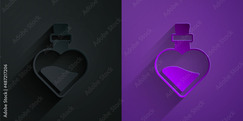 Paper cut Bottle with love potion icon isolated on black on purple background. Valentines day symbol