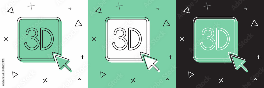 将3D打印机图标隔离在白色和绿色，黑色背景上。3D打印。矢量