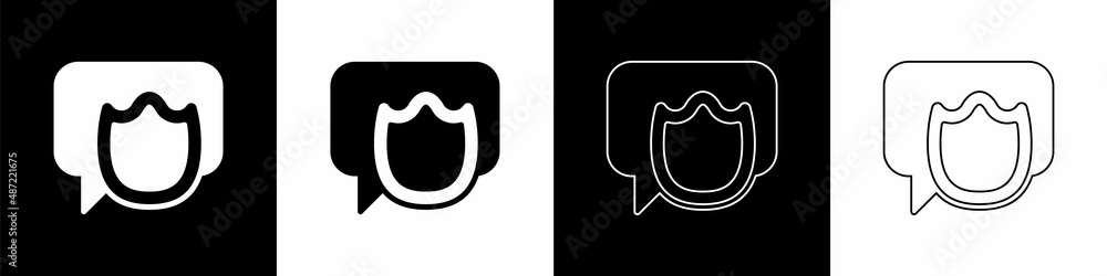 Set Speech bubble chat icon isolated on black and white background. Message icon. Communication or c