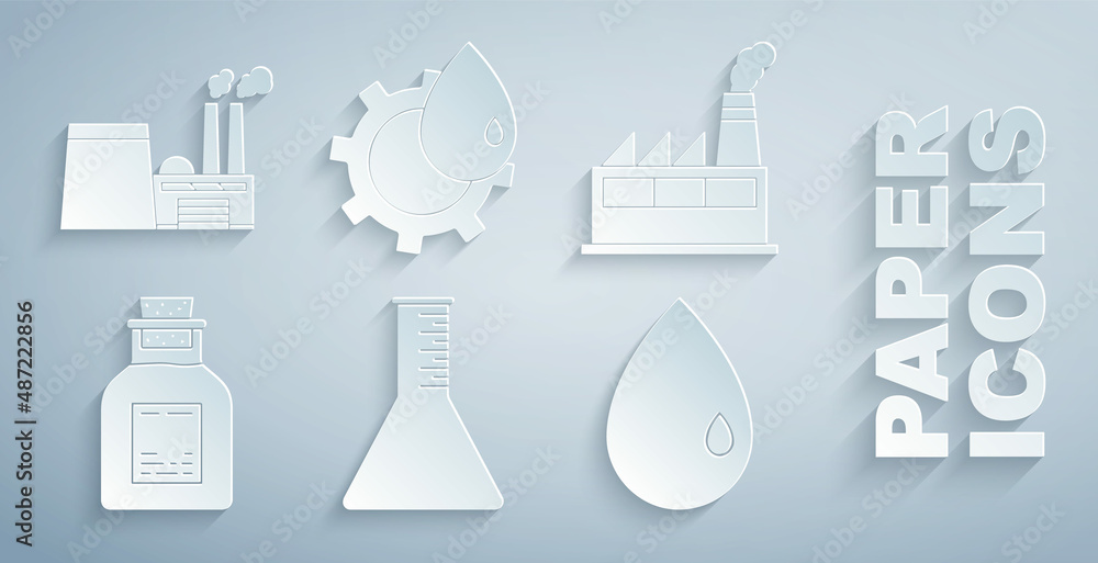 设置汽油试管、工业厂房、滴管和图标。矢量