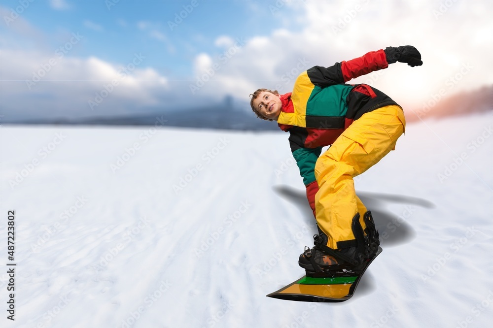 Skiing. Ski on First Tracks. Alpine skier going skiing in morning